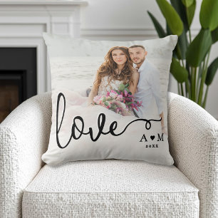 Love Elegant Script Couple Photo Throw Pillow