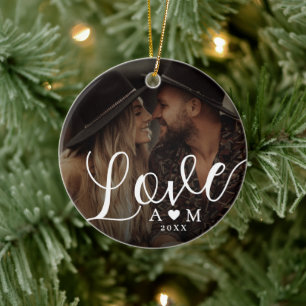 Love Elegant Script Heart Monogram Two Photo Ceramic Ornament