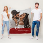 'Love' Elegant Script Photo & Personal Message Fleece Blanket<br><div class="desc">This custom fleece blanket features a single-photo layout that beautifully showcases your favourite memory, accented by an elegant script font spelling "love" across the bottom. The deep red colour block adds a bold, romantic touch, making it perfect for special occasions like anniversaries, weddings, or Valentine’s Day. Personalize it further with...</div>