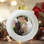 Love Elegant Script Wedding Photo Mr. and Mrs. Ceramic Ball Christmas Ornament<br><div class="desc">Love Elegant Script Wedding Photo Mr. and Mrs. Ornament</div>