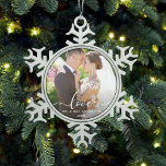 Love Elegant Script Wedding Photo Mr. and Mrs. Snowflake Pewter Christmas Ornament<br><div class="desc">Love Elegant Script Wedding Photo Mr. and Mrs. Ornament</div>