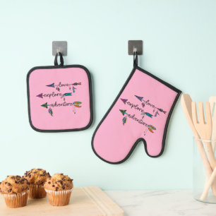 Love Explore Adventure Arrow Tribal Boho Design Oven Mitt & Pot Holder Set