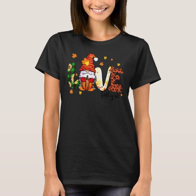 Love Fall Y'all Thanksgiving Gnome Pumpkin Leopard T-Shirt (Front)