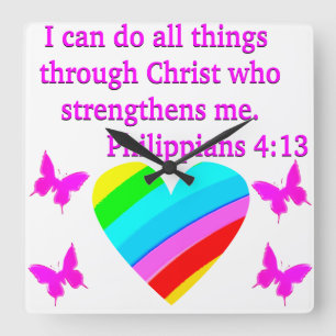 LOVE FILLED PHILIPPIANS 4:13 DESIGN SQUARE WALL CLOCK