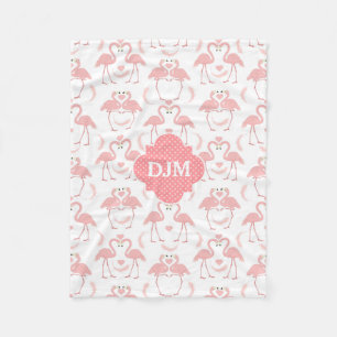 Love Flamingos Pink Polkadot Monogram Fleece Blanket