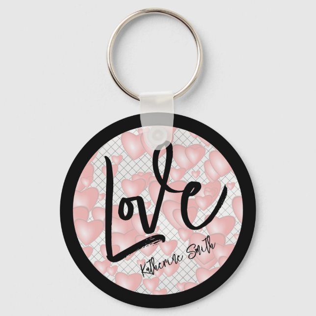 Love - Floating Pink Valentine Hearts - Your Name Keychain (Front)