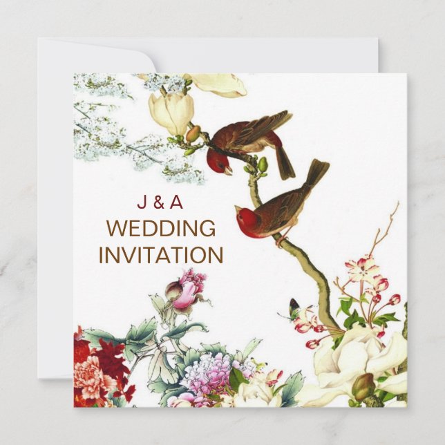 Love Flourishing Birds & Flowers Wedding Invites © (Front)