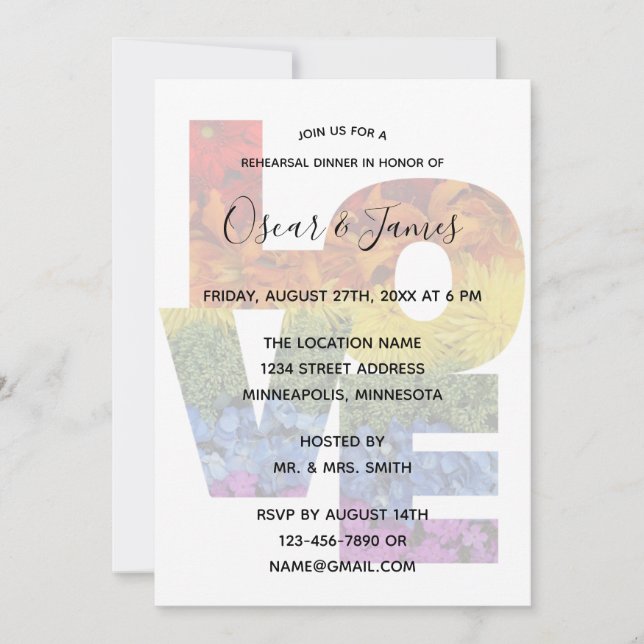 LOVE Flowers Same-Sex Rehearsal Dinner Invitation (Front)