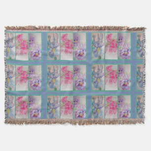 Love Flowers Watercolor Blue Modern Throw Rug Blanket