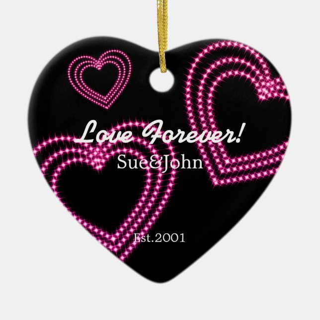 Love Forever 3 Shiny Hearts Custom Pink Ceramic Ornament (Front)