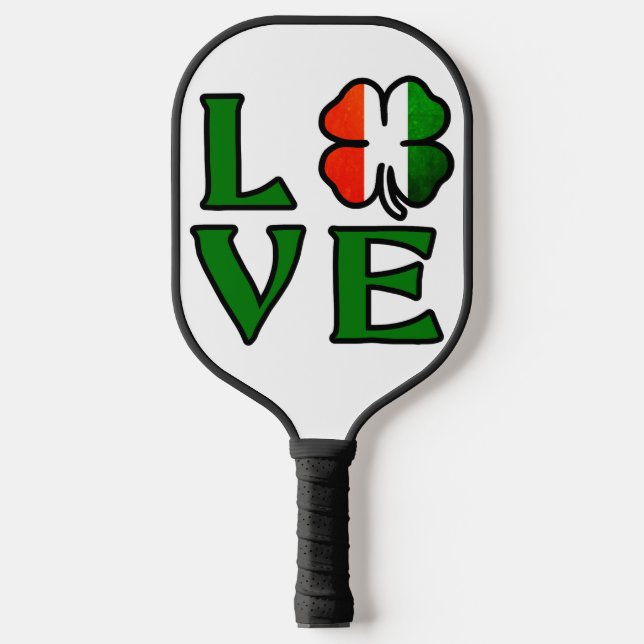 Love Four Leaf Clover Irish Flag St. Patrick's Day Pickleball Paddle (Front)