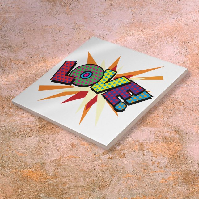 LOVE Fun Colourful Comic Book Pop Art Tile (LOVE Fun Colorful Comic Book Pop Art Ceramic Tile)