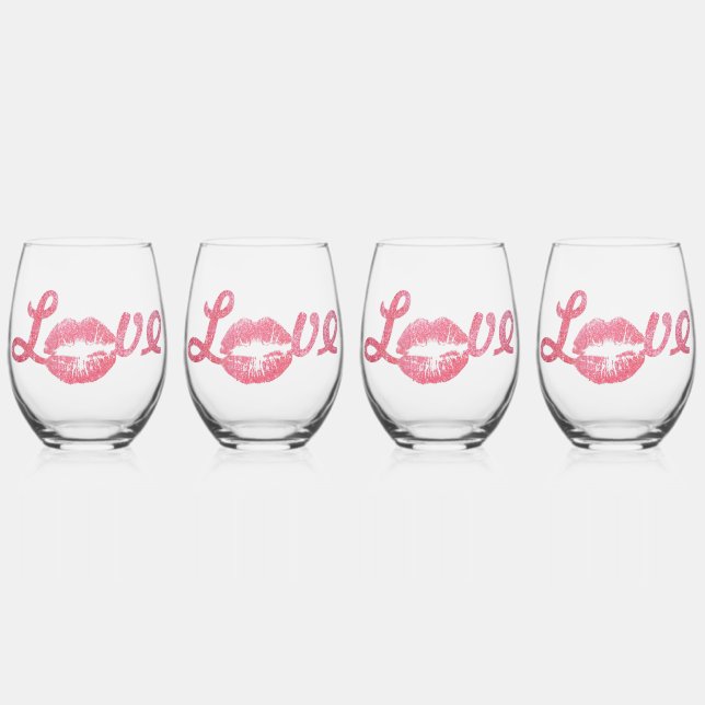 Love Glitter Pink Lipstick Kiss Stemless Wine Glass (Front)