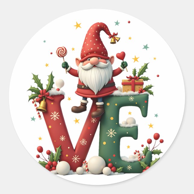 LOVE Gnome Christmas Classic Round Sticker (Front)