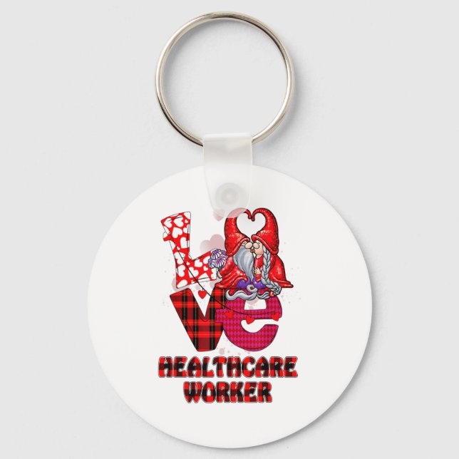 Love Gnome Healthcare Worker Valentines Day Heart  Keychain (Front)