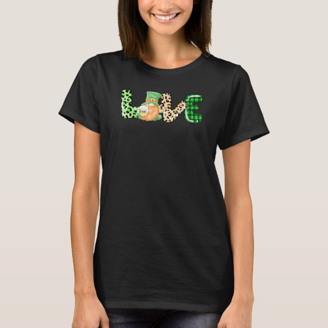 Love Gnome Lucky Shamrock Leopard St Patrick's Day T-Shirt (Front)