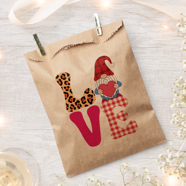 Love Gnome Valentines Day Red Buffalo Plaid Leopar Favour Bag (Clipped)