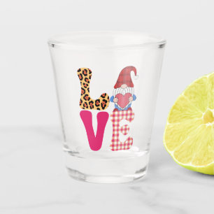 Love Gnome Valentines Day Red Buffalo Plaid Leopar Shot Glass