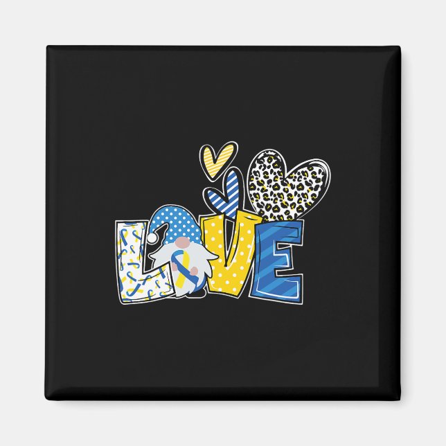 Love Gnomes Blue Yellow Ribbon Down Syndrome Aware Magnet (Front)