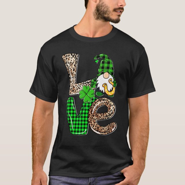 LOVE Gnomes Leopard Plaid Irish St Patricks Day Gi T-Shirt (Front)