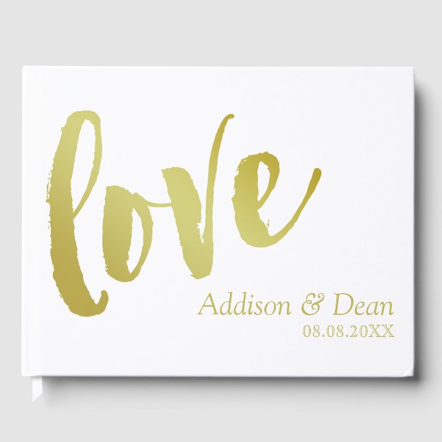 Love | Gold Brush Script Wedding Guest Book (Front)