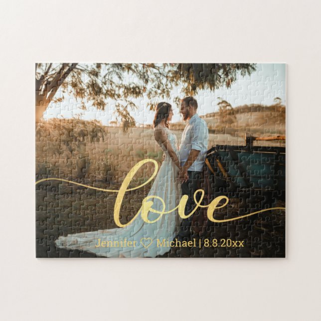 love,gold chic calligraphy country wedding photo jigsaw puzzle (Horizontal)