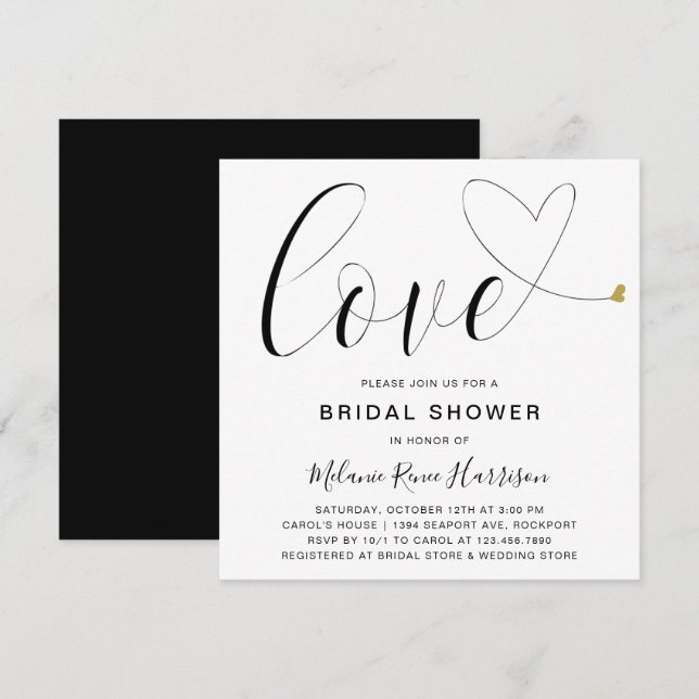 Love Gold Heart Black White Modern Bridal Shower Invitation (Front/Back)