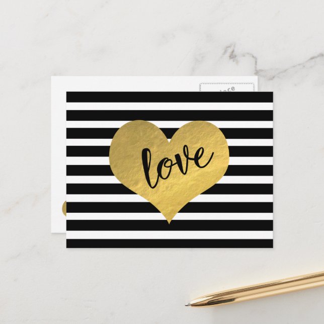 Love Gold Heart Stripes Postcard (Front/Back In Situ)