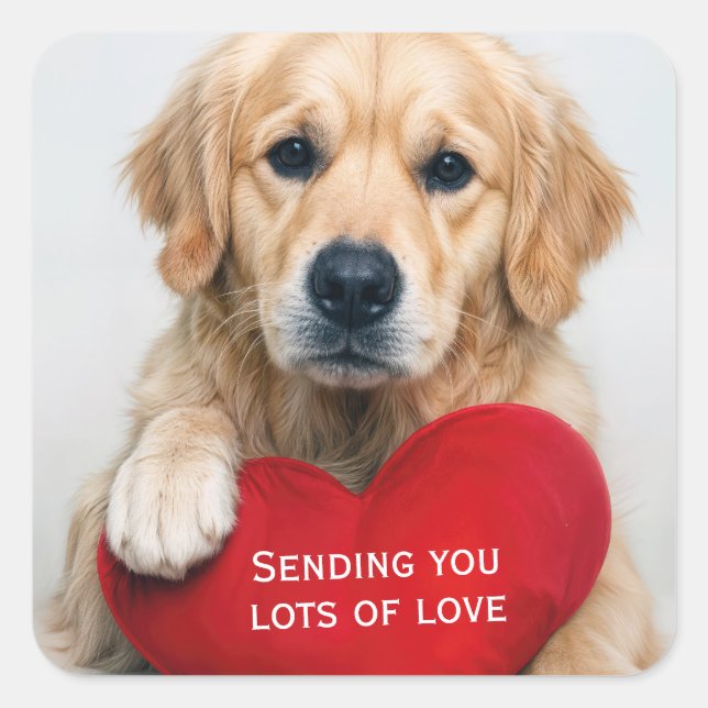 Love Golden Retriever With a Red Heart Pillow Square Sticker (Front)