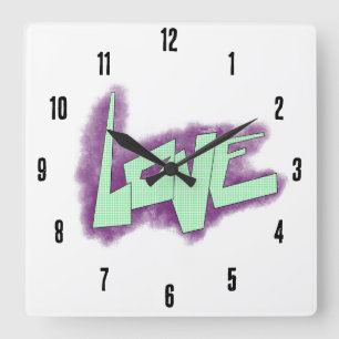love graffiti purple green mint typography dots square wall clock