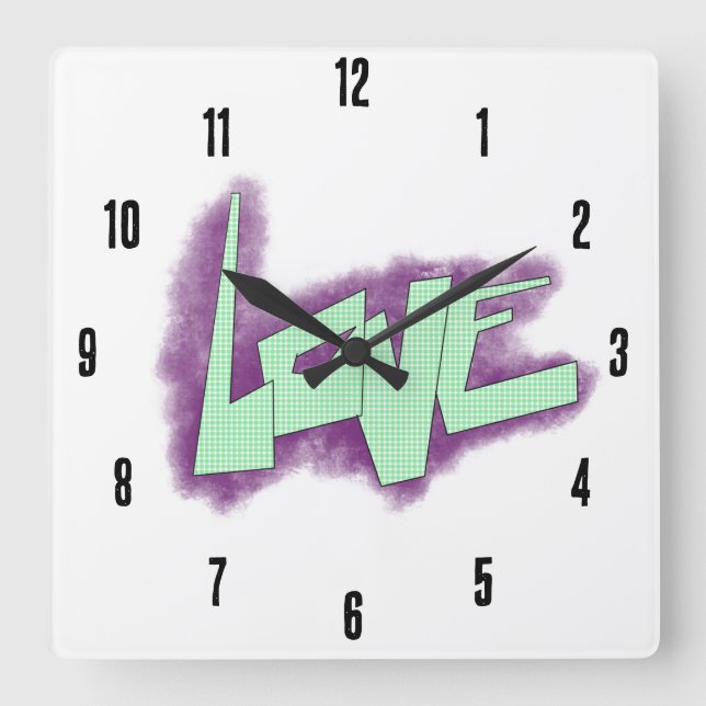 love graffiti purple green mint typography dots  square wall clock (Front)