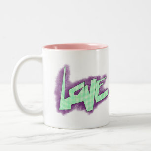 love graffiti purple green mint typography dots  Two-Tone coffee mug