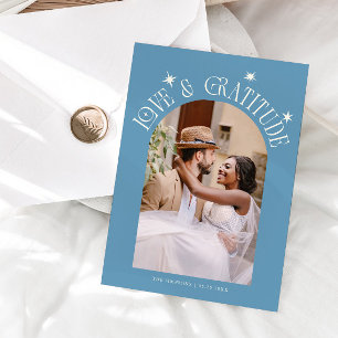 Love & Gratitude Minimal Wedding Photo Denim Blue Thank You Card