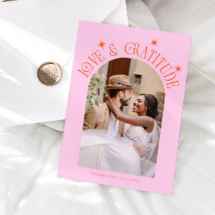 Love & Gratitude Minimal Wedding Photo Orange Pink Thank You Card