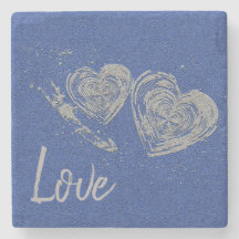 "LOVE", Grey Hearts, Square Marble Stone Coaster