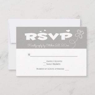 Love Grey & White RSVP Butterfly & Hearts Wedding Card