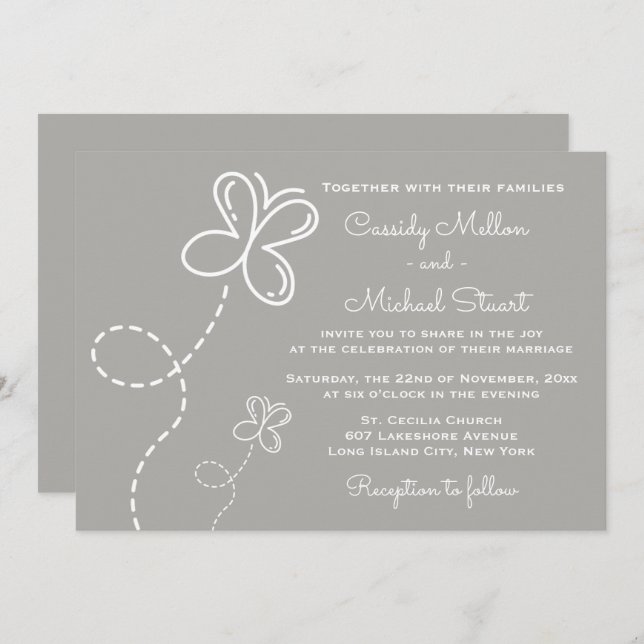Love Grey & White Wedding  Hearts and Butterflies Invitation (Front/Back)