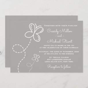 Love Grey & White Wedding  Hearts and Butterflies Invitation