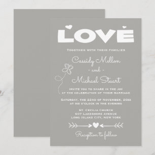 Love Grey & White Wedding  Hearts and Butterflies Invitation