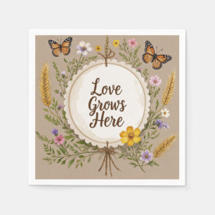 Love grows boho, wildflowers, wheat, butterflies napkin