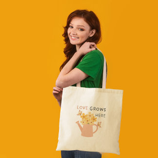 Love Grows Here Floral Garden Quote Tote Bag