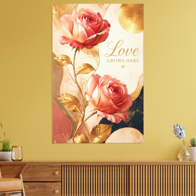 Love Grows Here – Luxury Gold Rose Canvas Wall Art (Insitu(LivingRoom))