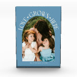 Love Grows Here Modern Arch Denim Blue Photo Block<br><div class="desc">Modern and minimal family memory photo block featuring a photo in a arch frame with a text that says "Love Grows Here" with tiny hearts. Denim blue.</div>