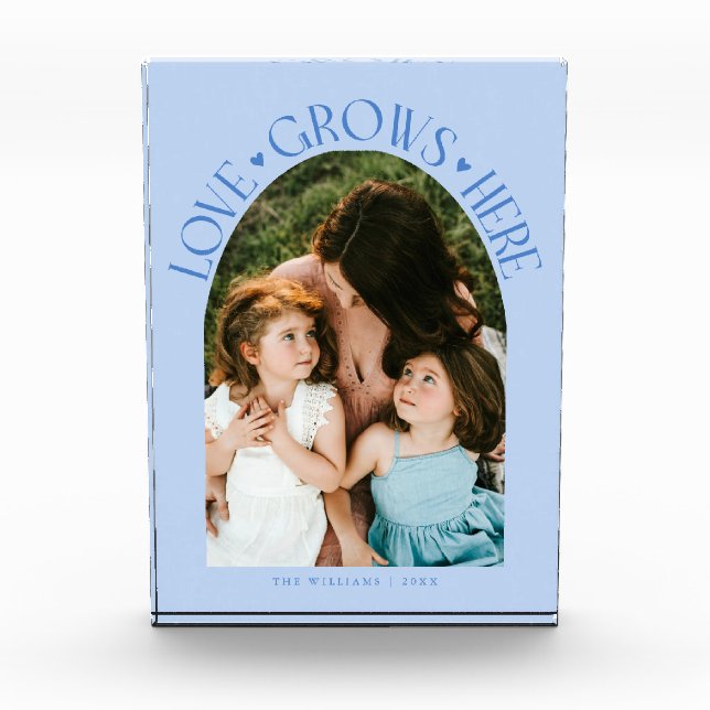 Love Grows Here Modern Arch Icy Blue Photo Block (Front)