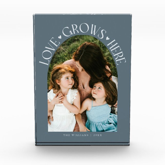 Love Grows Here Modern Arch Slate Blue Photo Block (Front)