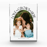 Love Grows Here Modern Arch White Photo Block<br><div class="desc">Modern and minimal family memory photo block featuring a photo in a arch frame with a text that says "Love Grows Here" with tiny hearts. White.</div>