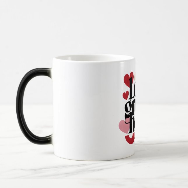 Love Grows Here – Modern Heart Typography Magic Mug (Left)