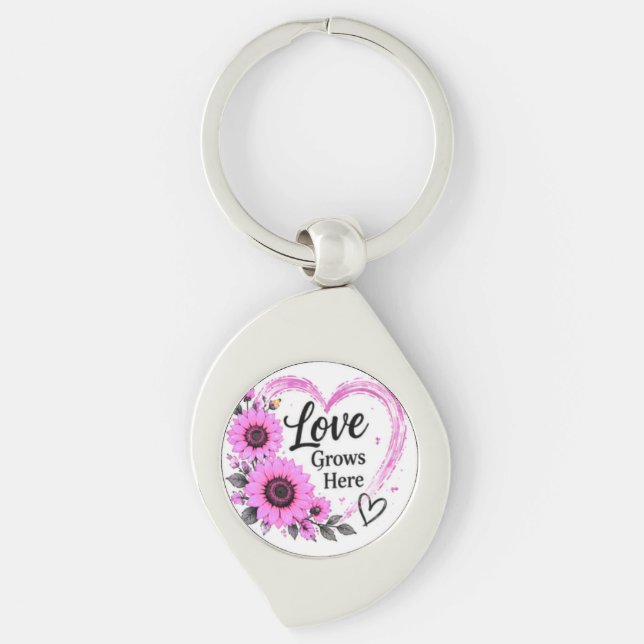 Love Grows Here Pink Sunflower Heart Keychain (Front)