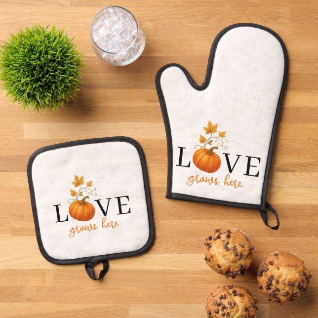 LOVE Grows Here | Pumpkin Lettering Autumn  Oven Mitt & Pot Holder Set (Top Down)