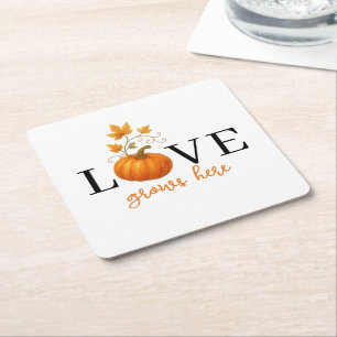 LOVE Grows Here   Pumpkin Lettering Autumn  Square Paper Coaster
